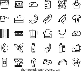 Food line icon set - cherry cake piece, sandwich, tacos, basil, olives, salami, wine glass, french press, turkish coffee, machine, milk bootle and pack, chef hat, rolling pin, apron, thermo flask