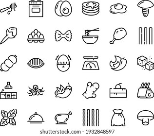 Food line icon set - cherry cake piece, hot pepper, fried chiken leg, funchose, fork with pasta, pancakes, refined sugar, sausage, chicken, ribs, kitchen, dish dome, stove, scales, eggs yolk, timer