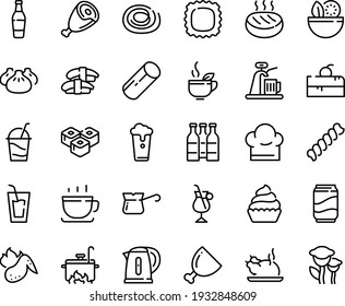 Food Line Icon Set - Cherry Cake Piece, Salad, Drink, Dim Sum, Sashimi, Sushi Roll, Green Tea, Chinese Chicken, Coffee Cup, Ham, Cocktail, Cupcake, Turkish, Irish, Cutlet, Hot Wing, Chef Hat, Kettle