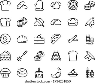 Food line icon set - cherry cake piece, chief hat, bread, dough and rolling pin, calsone, pretzel, spike, donut, croissant, charlotte, meringue, bakery, whisk, cooking glove, baguette, big, muffin