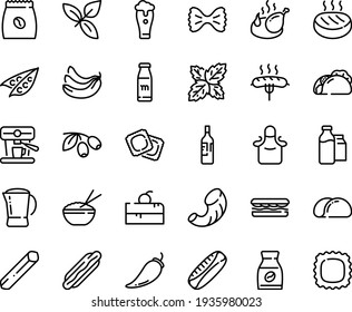 Food line icon set - cherry cake piece, hot dog, sandwich, tacos, rice bowl, basil, olives, ravioli, fried chicken, instant coffee, machine, pack, milk bootle and, pot, sausage on fork, cutlet, wine