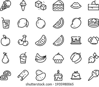 Symbol für die Lebensmittelkette - Kirschkuchenstück, Cupcakes, Wassermelone, Eiscreme-Horn, Panna-Cotta, Cocktail, Meringue, Bäckerei, Pfannkuchen, raffinierter Zucker, Soda-Glas, Pfannkuchen, Kartoffeln, Zuckerrüben, Glockenpfeffer, Banane