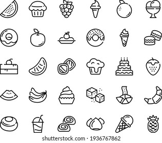 Food line icon set - cherry cake piece, watermelon, donut, ice cream horn, fortune cookie, croissant, charlotte, cocktail, meringue, bakery, cupcake, refined sugar, big, muffin, macarons, cookies