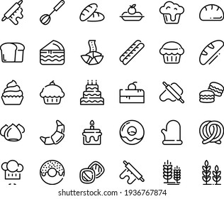 Food line icon set - cherry cake piece, cupcake, bread, donut, fortune cookie, chef hat, dough and rolling pin, pretzel, spike, croissant, baguette, charlotte, meringue, whisk, cooking glove, big