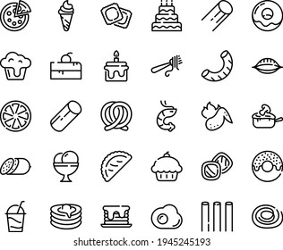 Food line icon set - cherry cake piece, cupcake, donut, ice cream, shrimp, calsone, fork with pasta, pizza, salami, ravioli, pretzel, cocktail, julienne, pancakes, hot chicken wing, omelette, big