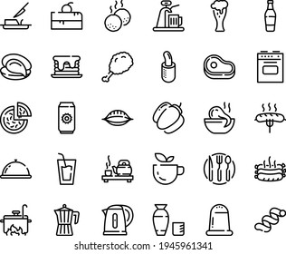 Food line icon set - cherry cake piece, dish dome, meat, green tea, drink, pizza, fried chiken leg, octopus soup, ceremony, oyster, rice vodka, beer glass, french hot dog, butter knife, coffee pot