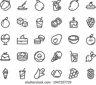 Food line icon set - cherry cake piece, drink to go, ice cream, panna cotta, donut, charlotte, cocktail, meringue, pancakes, butter knife, refined sugar, soda glass, smoothies, macarons, cookies