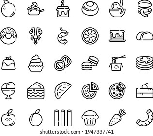 Food line icon set - cherry cake piece, pizza, donut, octopus soup, chinese pasta, clam, shrimp, lobster, calsone, panna cotta, ice cream, cupcake, julienne, pancakes, muffin, pancake, macarons