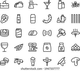Food line icon set - cherry cake piece, tacos, olives, salami, sausage on fork, wine glass, pancakes, instant coffee, machine, pack, milk bootle and, rolling pin, egg, turkish, thermo flask, soda