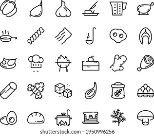 Food Line Icon Set - Cherry Cake Piece, Chef Hat, Ham, Butter Knife, Refined Sugar, Chicken, Fish Steak, Leg, Bbq, Pan, Ladle, Cooking, Beaker, Omelette, Egg Pack, Yolk, Bread, Flour Bag, Pancake