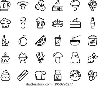 Food line icon set - cherry cake piece, donut, drink to go, funchose, lobster, wine, beer glass, baguette, cupcake, instant coffee, roasted sausages, bbq, kitchen, kettle, bread, flour bag, bottle
