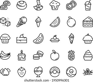 Food line icon set - cherry cake piece, cupcake, donut, ice cream horn, fortune cookie, charlotte, cocktail, meringue, bakery, refined sugar, muffin, macarons, cookies, cheesecake, banana, orange