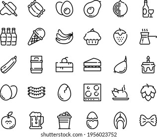 Food line icon set - cherry cake piece, cupcake, beer, chinese chicken, dough and rolling pin, ice cream, wine, sausages, ribs, fish steak, stove top view, egg, broaken, eggs yolk, turkish coffee