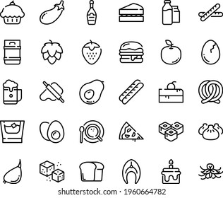 Food line icon set - cherry cake piece, pizza, cupcake, dim sum, sushi roll, dough and rolling pin, pretzel, burger, baguette, champagne, coffee top view, refined sugar, milk bootle pack, fish steak