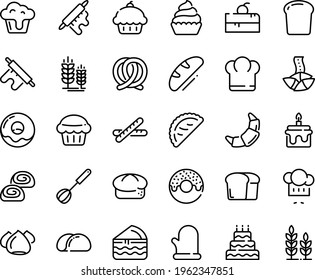 Food line icon set - cherry cake piece, chief hat, cupcake, donut, fortune cookie, chef, calsone, bread, pretzel, spike, croissant, meringue, bakery, rolling pin, whisk, cooking glove, baguette, big