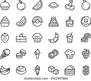 Food line icon set - cherry cake piece, cupcake, watermelon, donut, ice cream horn, croissant, cocktail, bakery, refined sugar, big, muffin, macarons, cookies, cheesecake, banana, strawberry, orange