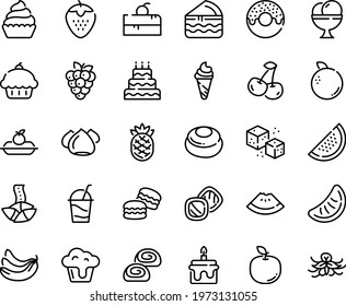 Food Line Icon Set - Cherry Cake Piece, Cupcake, Watermelon, Donut, Ice Cream, Fortune Cookie, Charlotte, Cocktail, Meringue, Bakery, Refined Sugar, Big, Macarons, Cookies, Cheesecake, Banana