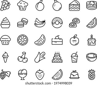 Food line icon set - cherry cake piece, donut, ice cream horn, panna cotta, grape, cocktail, bakery, cupcake, pancakes, big, muffin, macarons, corn, banana, citrus, strawberry, plum, watermelon