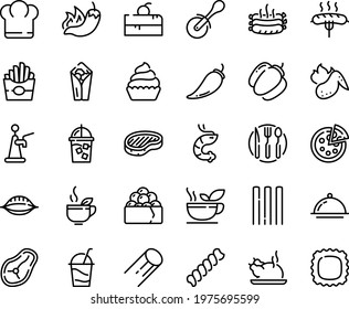 Food line icon set - cherry cake piece, chief hat, french fries, burito, hot pepper, green tea, chinese chicken, shrimp, gunkan, pizza, roll knife, steak, cocktail, cupcake, iced coffee, wing, bell