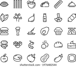 Food line icon set - cherry cake piece, burger, tacos, clam, fortune cookie, sushi roll, shrimp, beer glass, baguette, cheese, butter knife, sausage, steak, meatballs, dish dome, kitchen scales