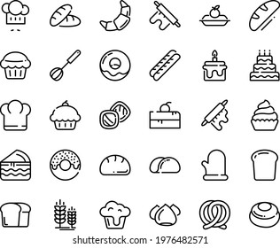Food line icon set - cherry cake piece, chief hat, cupcake, bread, donut, chef, pretzel, spike, croissant, baguette, charlotte, meringue, rolling pin, whisk, cooking glove, big, muffin, tacos