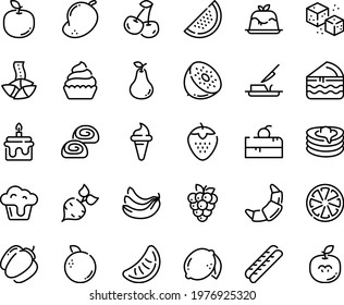 Food line icon set - cherry cake piece, ice cream horn, fortune cookie, panna cotta, croissant, baguette, bakery, cupcake, pancakes, butter knife, refined sugar, beet, bell pepper, banana, citrus