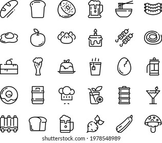 Food line icon set - cherry cake piece, beer, hot tea, dim sum, funchose, kebab, chef hat, panna cotta, sausages, glass, donut, ribs, broaken egg, omelette, french press, cocktail, smoothies, bread