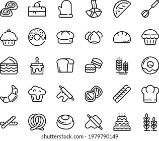 Food line icon set - cherry cake piece, chief hat, cupcake, donut, fortune cookie, dough and rolling pin, calsone, bread, pretzel, spike, croissant, baguette, meringue, bakery, whisk, cooking glove