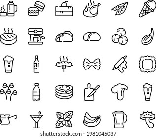 Food line icon set - cherry cake piece, milk bottle, tacos, ice cream, fried chicken, pancakes, turkish coffee, machine, pot, sausage on fork, cutlet, rolling pin, knife board, thermo flask, wine