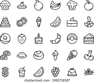 Juego de iconos de la línea de comida - pastel de cerezo, sandía, donut, cuerno de helado, galleta de la fortuna, panna cotta, croissant, charlotage, cóctel, panadería, quequitos, grandes, muffin, galletas, tarta de queso, banana