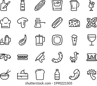 Food line icon set - cherry cake piece, milk bottle, hot dog, sandwich, rice bowl, cheese, olives, wine glass, goose, french press, irish coffee, pot, chef hat, rolling pin, knife board, turkish