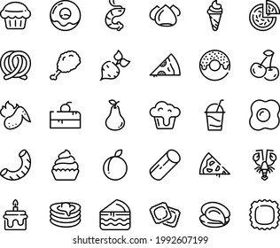 Food line icon set - cherry cake piece, pizza, donut, fried chiken leg, ice cream, oyster, shrimp, lobster, ravioli, pretzel, cocktail, meringue, cupcake, pancakes, hot chicken wing, omelette, beet