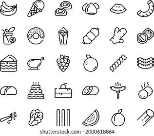 Juego de íconos de línea de alimentos - pieza de torta de cereza, sandía, burito, burro, tenedor con pasta, helado, salami, salchichas, salchicha sobre, merengue, panadería, pierna de pollo, albóndigas, suavidades, grande, tacos pan