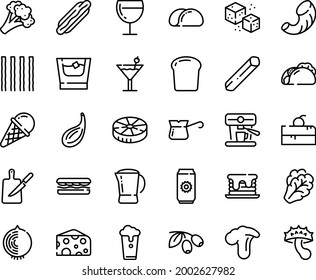 Food line icon set - cherry cake piece, hot dog, sandwich, tacos, cheese, olives, ice cream, wine glass, turkish coffee, machine, refined sugar, pot, knife board, cocktail, whiskey, bread, pancake