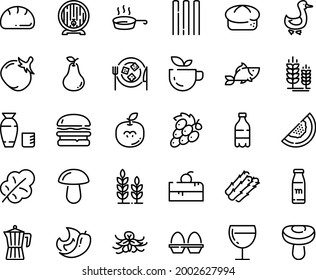 Food line icon set - cherry cake piece, green tea, milk bottle, burger, fish, rice vodka, bread, spike, beer barrel, wine glass, cheese plate, goose, coffee pot, pan, egg stand, wheat, asparagus