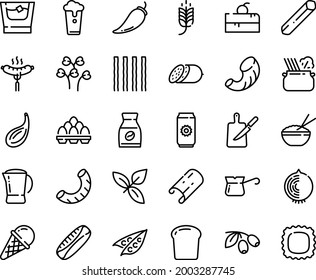 Food Line Icon Set - Cherry Cake Piece, Spike, Rice Bowl, Basil, Pasta In Pan, Olives, Ice Cream, Salami, Sausage On Fork, Turkish Coffee, Instant, Pot, Knife Board, Egg Pack, Whiskey, Bread, Peas