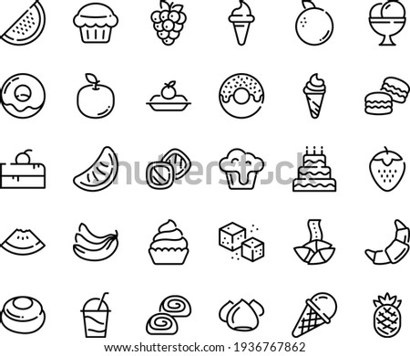 Food line icon set - cherry cake piece, watermelon, donut, ice cream horn, fortune cookie, croissant, charlotte, cocktail, meringue, bakery, cupcake, refined sugar, big, muffin, macarons, cookies
