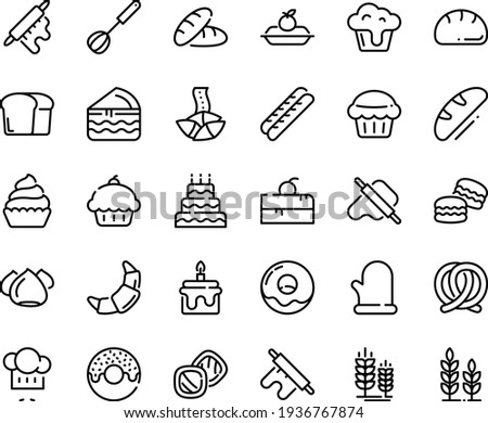 Food line icon set - cherry cake piece, cupcake, bread, donut, fortune cookie, chef hat, dough and rolling pin, pretzel, spike, croissant, baguette, charlotte, meringue, whisk, cooking glove, big