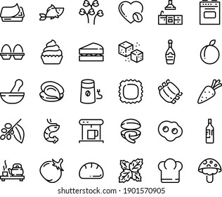 Food line icon set - chief hat, fish, tea ceremony, clam, oyster, shrimp, pate can, champagne, cupcake, coffe maker, coffee mill, tree, love, refined sugar, ribs, kitchen, stove, egg stand, omelette