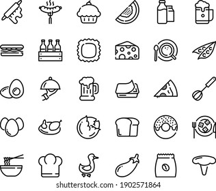 Food line icon set - chief hat, cupcake, sandwich, pizza piece, donut, funchose, cheese, sausage on fork, beer mug, pate can, dish dome, plate, goose, coffee top view, pack, milk bootle and, chicken