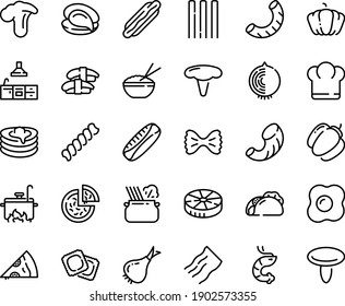 Food line icon set - chief hat, hot dog, pizza, tacos, piece, rice bowl, oyster, sashimi, shrimp, pasta in pan, ravioli, pancakes, kitchen, cooking, omelette, onion, pumpkin, bell pepper, ruote