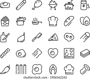 Food line icon set - chief hat, french fries, pizza piece, fried chiken leg, coffee mill, fish steak, bbq, chef, cooking pan, knife board, stove top view, eggs yolk, omelette, love egg, bread, penne