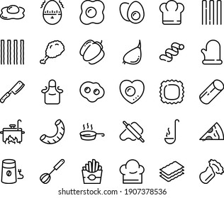 Food line icon set - chief hat, french fries, pizza piece, fried chiken leg, dough and rolling pin, coffee mill, chef, pan, whisk, cooking glove, apron, ladle, knife, eggs yolk, omelette, love egg