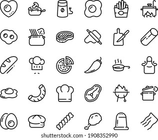 Food line icon set - chief hat, french fries, pizza, fried chiken leg, chef, dough and rolling pin, pasta in pan, bread, steak, julienne, coffee mill, bbq, cooking, knife board, apron, omelette