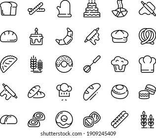 Food line icon set - chief hat, bread, donut, fortune cookie, chef, dough and rolling pin, calsone, pretzel, spike, croissant, baguette, bakery, whisk, cooking glove, cupcake, cake, big, macarons