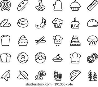 Food line icon set - chief hat, cupcake, bread, donut, fortune cookie, chef, dough and rolling pin, calsone, pretzel, spike, croissant, baguette, charlotte cake, bakery, cooking glove, piece, big