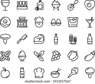 Food Line Icon Set - Chief Hat, Milk Bottle, Cafe Shop, Rice Bowl, Basil, Pizza Roll Knife, Lemoncello, Spike, Donut, Wine Glass, Meat, Bbq, Chef, Egg Stand, Love, Timer, Cocktail, Whiskey, Beer