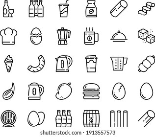 Food line icon set - chief hat, burger, drink to go, ice cream, coffee pot, wine, beer barrel, instant, refined sugar, sausage, dish dome, kettle, beaker, egg, broaken, paper cup, bottle, bottles