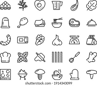 Food line icon set - chief hat, meat, fried chiken leg, octopus soup, funchose, dough and rolling pin, pate can, ribs, bbq, whisk, cooking glove, dish dome, microwave oven, kitchen scales, beaker