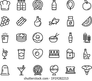 Food line icon set - chief hat, milk bottle, hot tea, rice bowl, olive oil, wine, pretzel, spike, beer barrel, sausage, donut, ice cream, pancakes, coffee to go, instant, irish, fish, love egg, pack